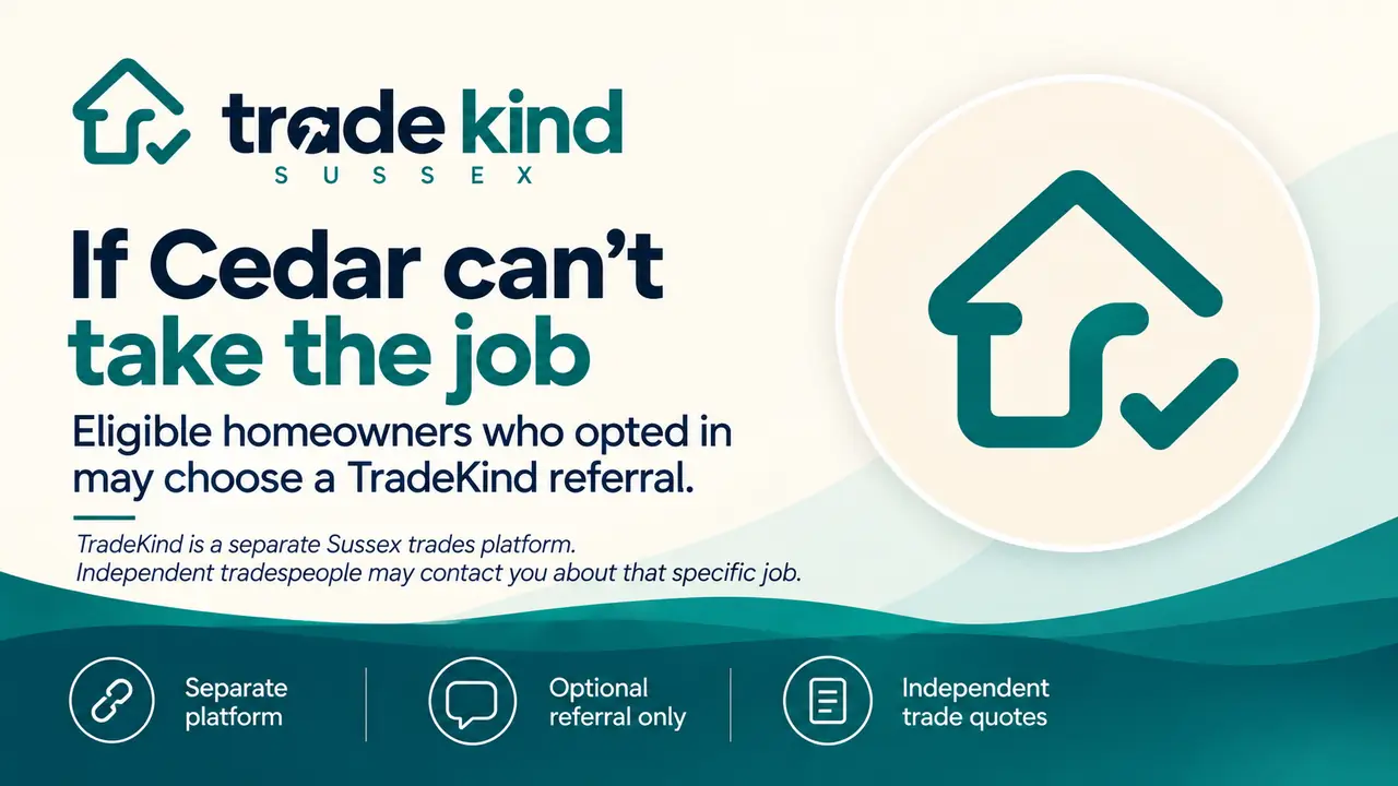 TradeKind Sussex referral explainer showing that TradeKind is a separate platform, the referral is optional, and independent tradespeople provide their own quotes.