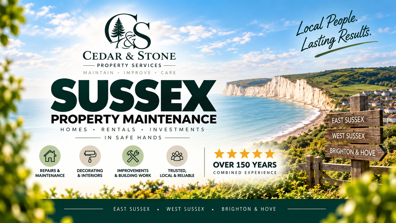Cedar & Stone Property Services covering property maintenance across East Sussex and West Sussex