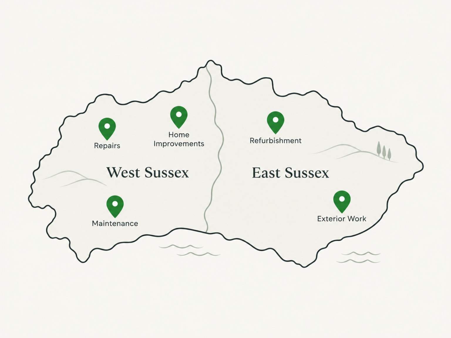Illustrated Sussex service-area map showing West Sussex and East Sussex with markers for repairs, home improvements, refurbishment, maintenance and exterior work.
